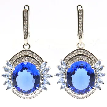

40x22mm Pretty Created Rich Blue Violet Tanzanite White CZ Gift For Woman's Wedding Silver Earrings