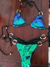 Nayooton-Conjunto de Bikini triangular con lentejuelas brillantes para mujer, ropa de playa Sexy con cordón, traje de baño de cuello alto cruzado con cuello Halter, traje de baño de cintura baja