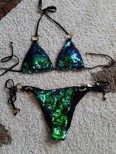Nayooton-Conjunto de Bikini triangular con lentejuelas brillantes para mujer, ropa de playa Sexy con cordón, traje de baño de cuello alto cruzado con cuello Halter, traje de baño de cintura baja