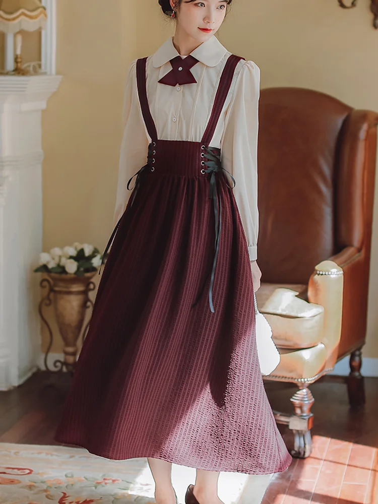 2022 Spring Summer Preppy Style Lolita Graduation Costume Long Sleeve Blouses and High Waited Lace up Suspender Skirt Women Set
2022 Spring Summer Preppy Style Lolita Graduation Costume Long Sleeve Blouses and High Waited Lace up Suspender Skirt Women Set