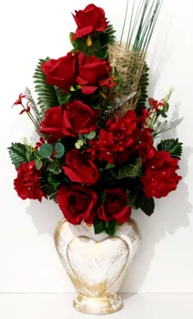 Love Flower with Red Roses in Ceramic Vase with Hearts Artificial Red Arrangement in a Decorative Heart Vase
Love Flower with Red Roses in Ceramic Vase with Hearts Artificial Red Arrangement in a Decorative Heart Vase