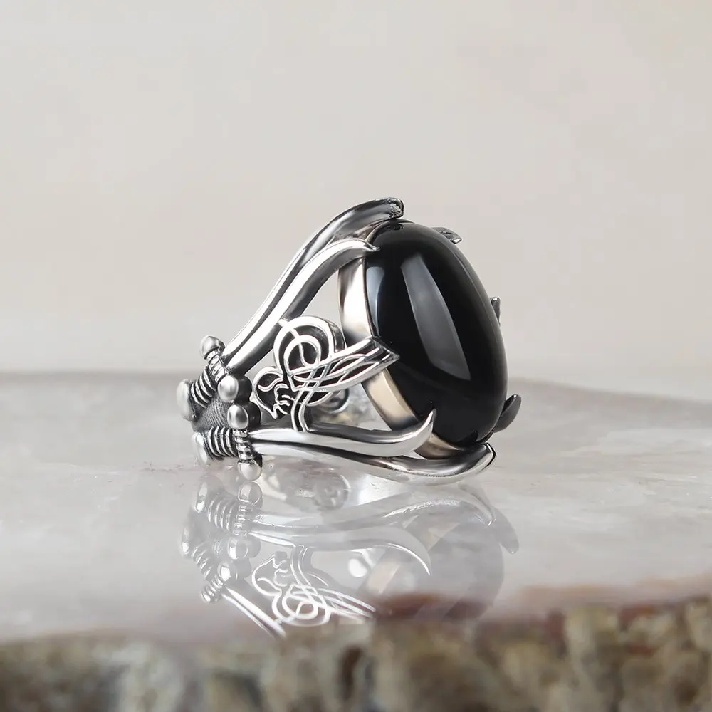 

MALE 925 Sterling Silver Ring, Onyx Stone, Sword and Ottoman Tugra Embroidered, Handmade, Made in Turkey, Fashion Jewelry Trend High Quality