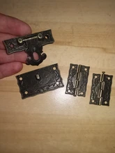 Cerradura de candado de bronce antiguo joyería caja de madera Cierre de cerrojo + 2 piezas bisagra de gabinete de maleta muebles Vintage Hardware decorativo