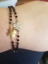 Pulsera de acero inoxidable con forma de trébol de oro rosa para mujer, brazalete de cuentas de cristal negro, joyería 2020