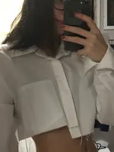 White Shirt Blouse Crop-Top Collar Flare-Sleeve Ladies Tops Turn-Down Bclout Female Sexy