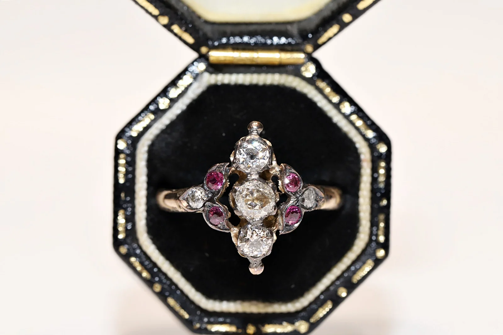 Antique Original Victorian Time 8k Gold Natural Diamond And Ruby Decorated Amazing Navette Ring
Antique Original Victorian Time 8k Gold Natural Diamond And Ruby Decorated Amazing Navette Ring