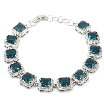 

11x11mm New Designed 21.6g Created London Blue Topaz CZ Gift For Woman's Silver Bracelet 8.0-8.5inch