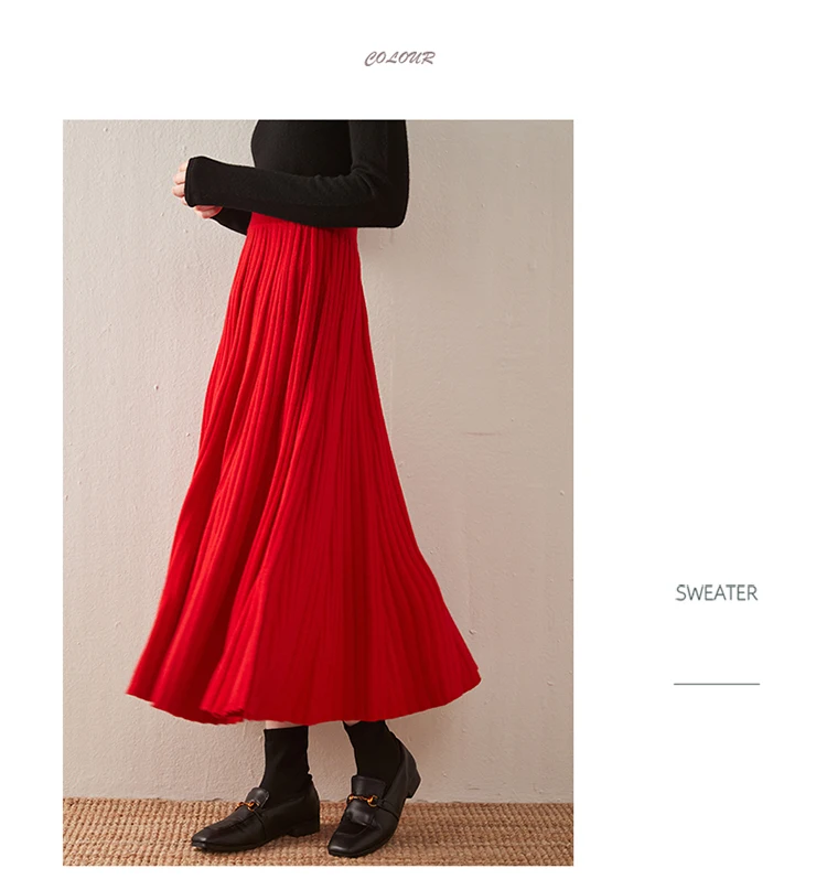 Autumn/Winter Hepburn style vintage black mercerized pure wool knit skirt with a high-waisted versatile pleated skirt