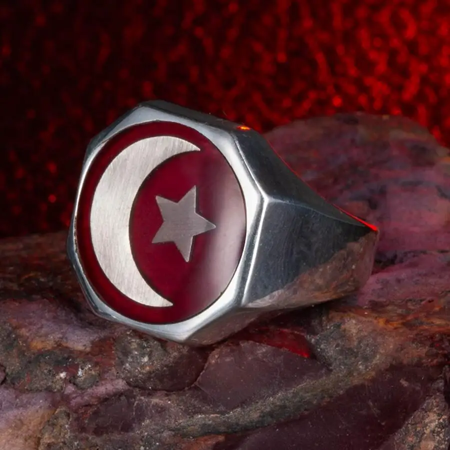 

Handcarved Crescent and Star Motif Ring, Vintage Turkish Men Jewelry Solid 925 Sterling Silver Made in Turkey Men For Gifts