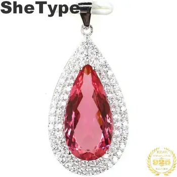 

36x17mm SheType Elegant 4.5g Created Pink Tourmaline Drop Shape Natural CZ 925 Solid Sterling Silver Pendant