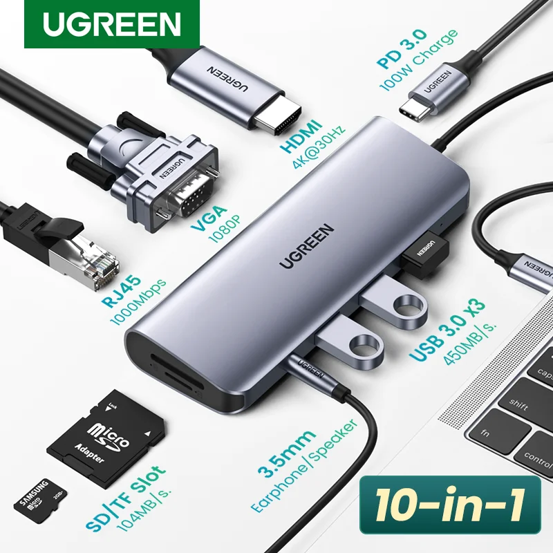 Концентратор UGREEN 10 в 1 USB Type C к HDMI 4K 3 0 VGA PD 5 мм полнофункциональный концентратор