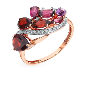 Gold ring with rhodolite, amethyst, cubic zirconia and Garnet sunlight sample 585
Gold ring with rhodolite, amethyst, cubic zirconia and Garnet sunlight sample 585
