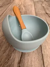 Tazón de silicona para bebé, vajilla de alimentación para bebé, tazón de succión, plato, manija de madera silicona, cuchara, juego de platos para bebé