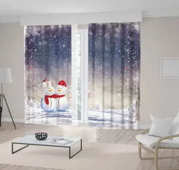 

Curtain Christmas Theme with Snowflakes Happy Snowmen Trees Snowy Winter Night Landscape Red White Gray Cartoon Art