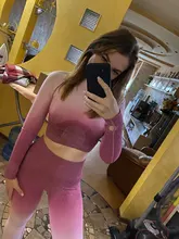 Conjunto de Yoga sin costuras para mujer, ropa deportiva para gimnasio cintura alta leggins Ombre camisetas Top traje manga larga Fitness entrenamiento deporte correr