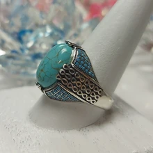 Anillo de plata de primera ley con piedra turquesa Natural para hombre y mujer, sortija, plata esterlina 925, Estilo Vintage, turco