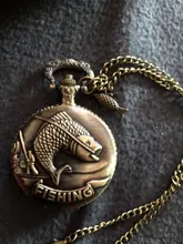 Hecho de pesca de bronce escultura reloj de bolsillo collar Fob cadena Steampunk reloj de cuarzo Retro de bolsillo regalo de reloj + accesorios de pesca