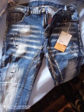 Pantalones vaqueros de algodón rasgados para Hombre, Jeans Retro Azul elásticos ajustados, diseño pintado, Hip Hop