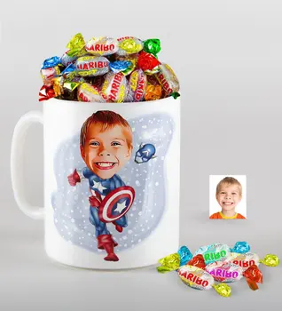 Personalized Male Child Captain America Caricature Of mug And Haribo Fruitbons Candy Gift Set Fun Quality Picture Love
Personalized Male Child Captain America Caricature Of mug And Haribo Fruitbons Candy Gift Set Fun Quality Picture Love