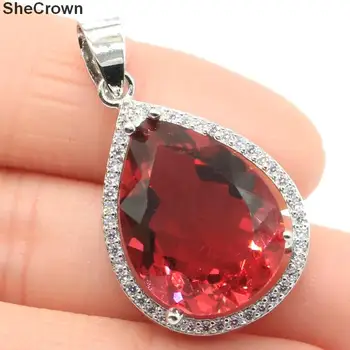 

32x19mm SheCrown Water Drop Shape 20x15mm Created Pink Tourmaline White CZ Gift For Woman's Silver Pendant