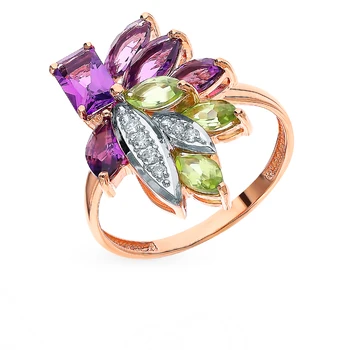 Gold ring with хризолитом, amethyst and cubic zirconia sunlight sample 585
Gold ring with хризолитом, amethyst and cubic zirconia sunlight sample 585