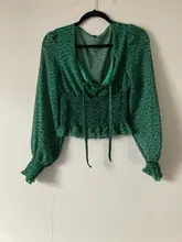 Camisa de Chifón con estampado Floral Vintage para mujer, blusa corta con cuello en V y mangas abullonadas para reducir la cintura, ML640