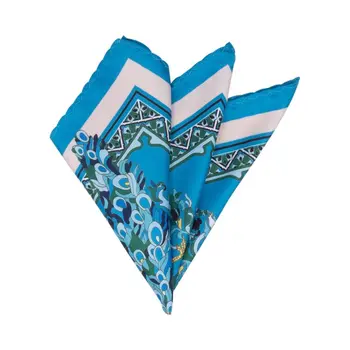 Pocket Square with peacock pattern on a blue background with white edging (53139)
Pocket Square with peacock pattern on a blue background with white edging (53139)