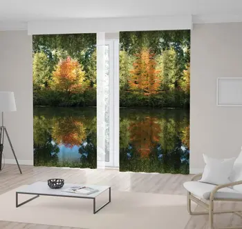 Curtain Fall Nature Orange Green Leaves Trees Forest Lake Reflection Woodland Countryside Scenic View Printed
