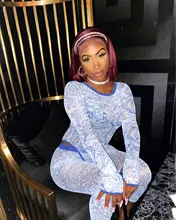 Kliou moda patrón de impresión de malla de empalmado, conjunto de dos piezas de manga larga de las mujeres de traje con transparencias leggings slim 2 pieza traje