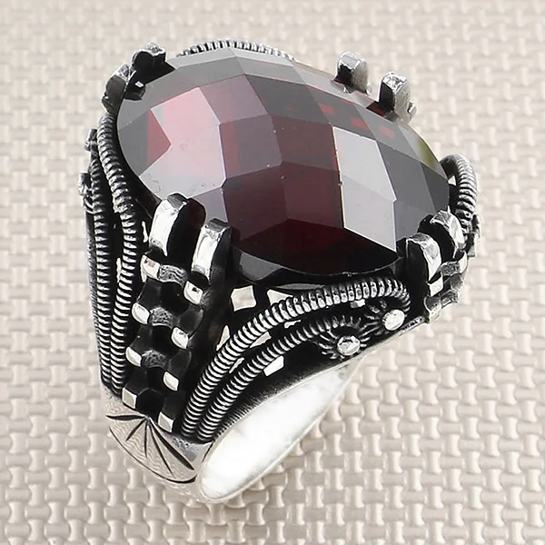 Blacksmith Pattern Bombe Red Zircon Gemstone Men 925 Sterling Silver Ring Jewellery Handmade Gemstone Men Silver Ring
Blacksmith Pattern Bombe Red Zircon Gemstone Men 925 Sterling Silver Ring Jewellery Handmade Gemstone Men Silver Ring