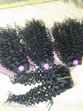 Mongol Afro rizado Pelo Rizado de la onda de agua 3 mechones con cierre cabello humano brasileño armadura paquete negro las mujeres XISHIXIU