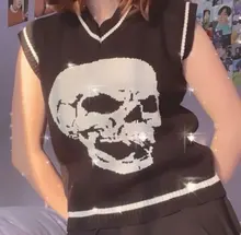 Rapcopter-suéteres Y2K para mujer, suéteres de calaveras con cuello de pico, Tops tejidos informales holgados, ropa de calle, Tops Retro, azul, otoño 2020