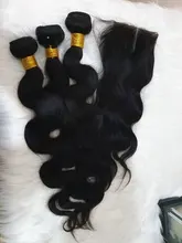Extensiones de pelo brasileñas con malla con división, accesorio capilar ondulado de 13x4 y 4x4 con encaje Frontal, color negro azabache y cierre de malla con división