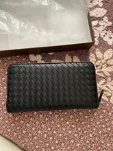 Cartera de cuero tejida larga para hombre y mujer, bolso de mano de marca de lujo, cartera sencilla a la moda, 100% de gran capacidad de piel de oveja