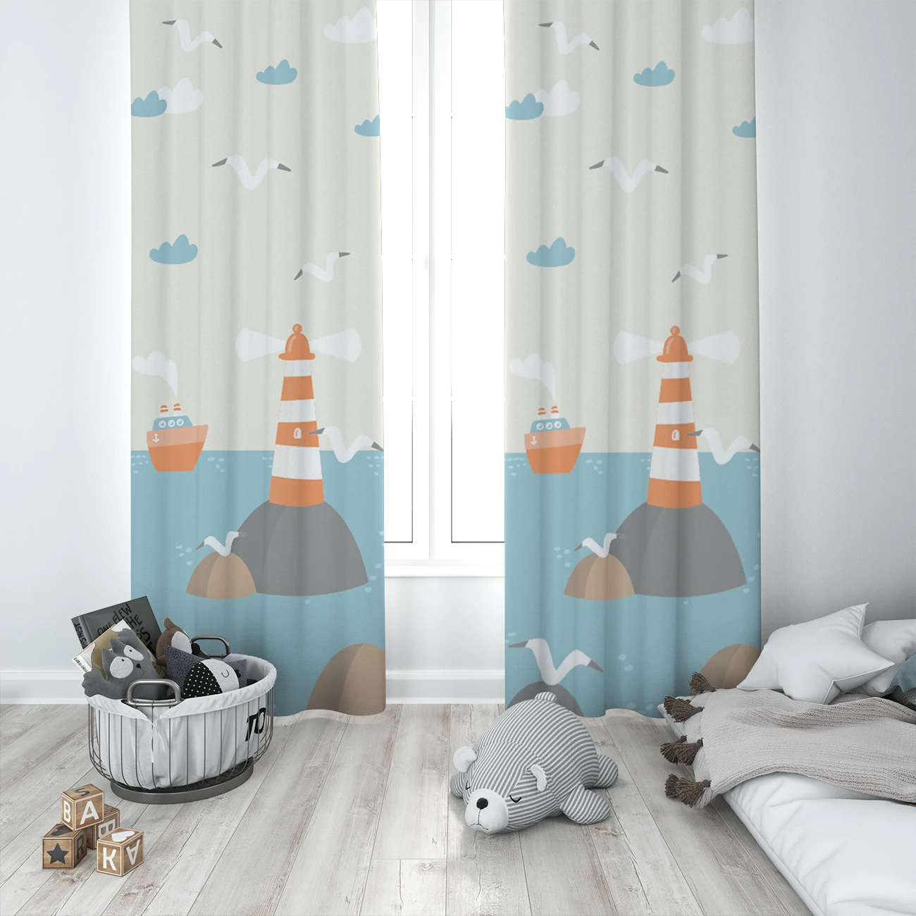 

Curtains Children 3D Printed Decorative Items Home Childrens Room Gray Lighthouse Seagull Model 1341