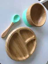 3 unids/set alimentación de bebé de la placa de la cena de alimentación vajilla con silicona succión Copa cuchara de madera de los niños de mercancías