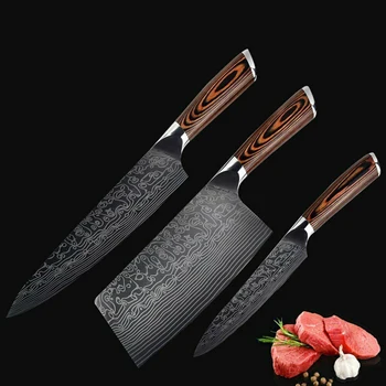

Набор 3 шт. кухонных ножей для мяса лазерная гравировка нержавеющая сталь нескользящая ручка разделка мяса шеф-повар