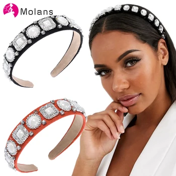 

Molans Baroque Rhinestones Headband with Pearls Embellishment and Soft Velvet Gem Hairbands Women Pearl Embellished Headbands