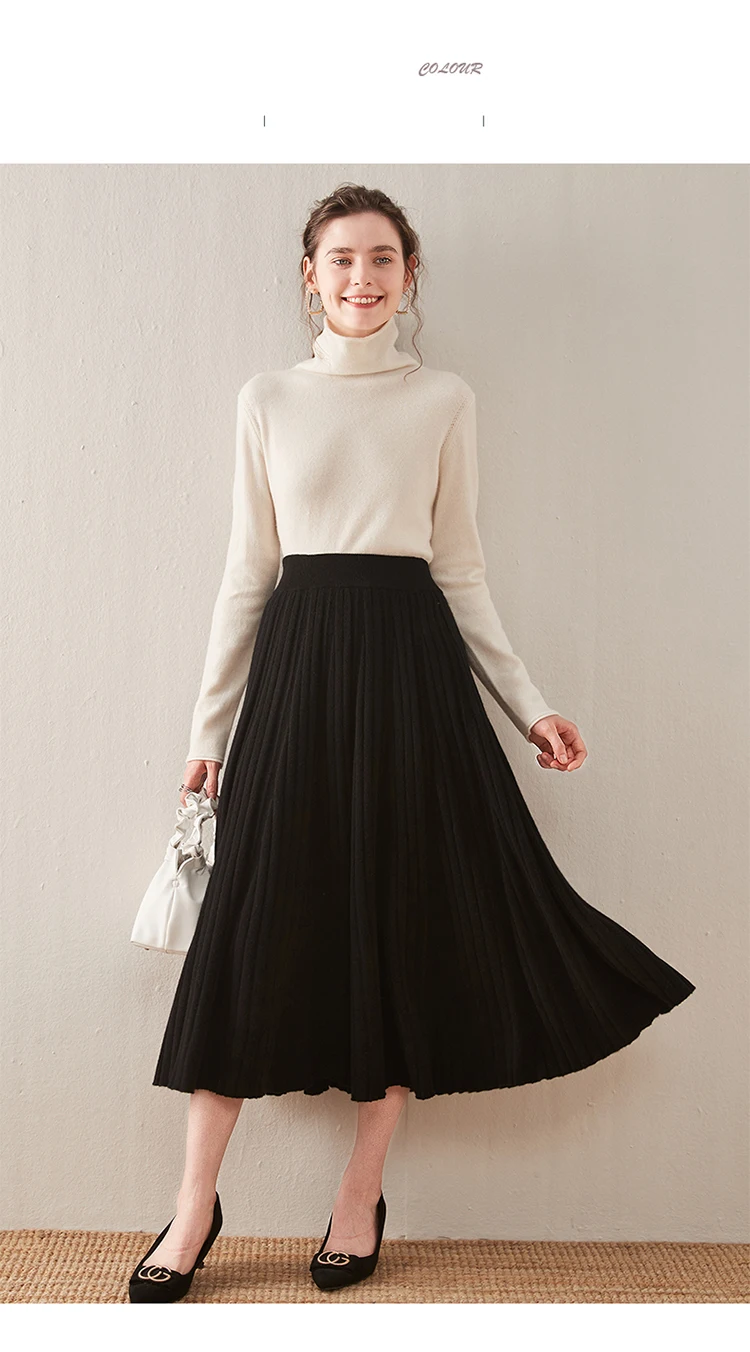 Autumn/Winter Hepburn style vintage black mercerized pure wool knit skirt with a high-waisted versatile pleated skirt