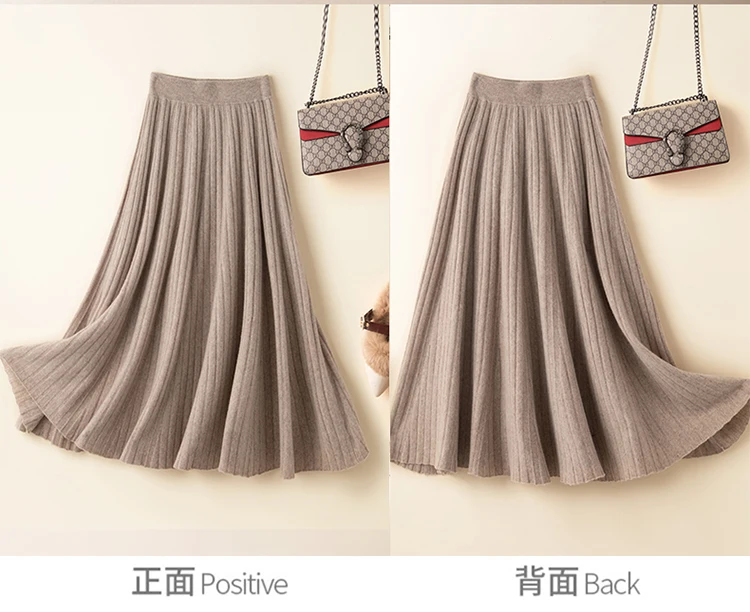 Autumn/Winter Hepburn style vintage black mercerized pure wool knit skirt with a high-waisted versatile pleated skirt
