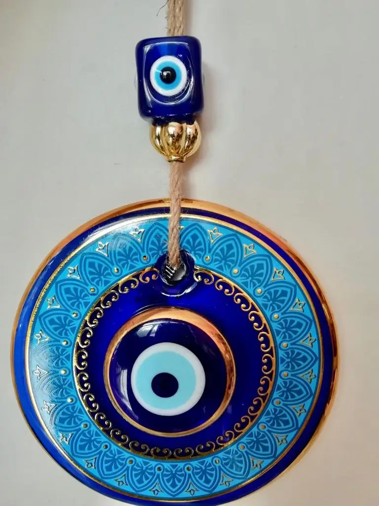 Big Size-14 cm Diameter- Golden Gilted and Colored Patterned Glass Blue Evil Eye Wall Hanging Ornament – Turkish Nazar Bead - Ho
Big Size-14 cm Diameter- Golden Gilted and Colored Patterned Glass Blue Evil Eye Wall Hanging Ornament – Turkish Nazar Bead - Ho