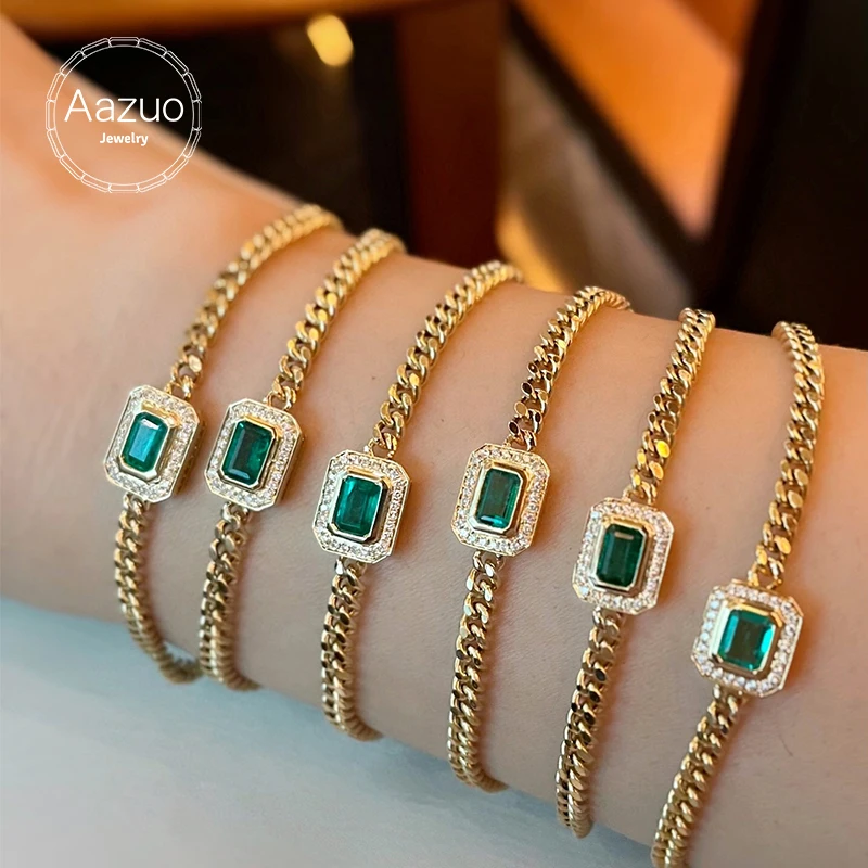 

Aazuo Real 18K Pure Yellow Gold Real Diamonds Natural Emerald 0.30ct Fairy Cuban Chain Bracelet Gifted for Women Birthday Au750