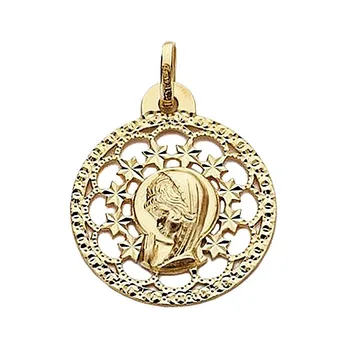 Medal pendant 18k gold Virgin Girl 23mm. Round openwork center star carved edging forms 
Medal pendant 18k gold Virgin Girl 23mm. Round openwork center star carved edging forms