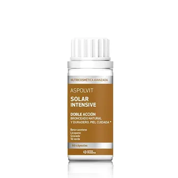 SOLAR ASPOLVIT INTENSIVE DOUBLE ACTION 60 Capsules 2 MONTHS TREATMENT. TAN NATURAL AND DURABLE. SKIN CARED
SOLAR ASPOLVIT INTENSIVE DOUBLE ACTION 60 Capsules 2 MONTHS TREATMENT. TAN NATURAL AND DURABLE. SKIN CARED