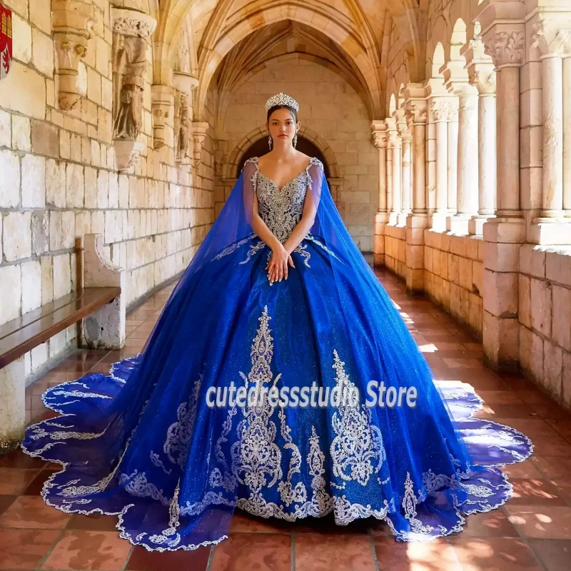 

vestido de debutante para 15 anos Royal Blue Quinceanera Dresses With Cape Lace Applique Sequin Mexican Girls XV Pageant Gowns