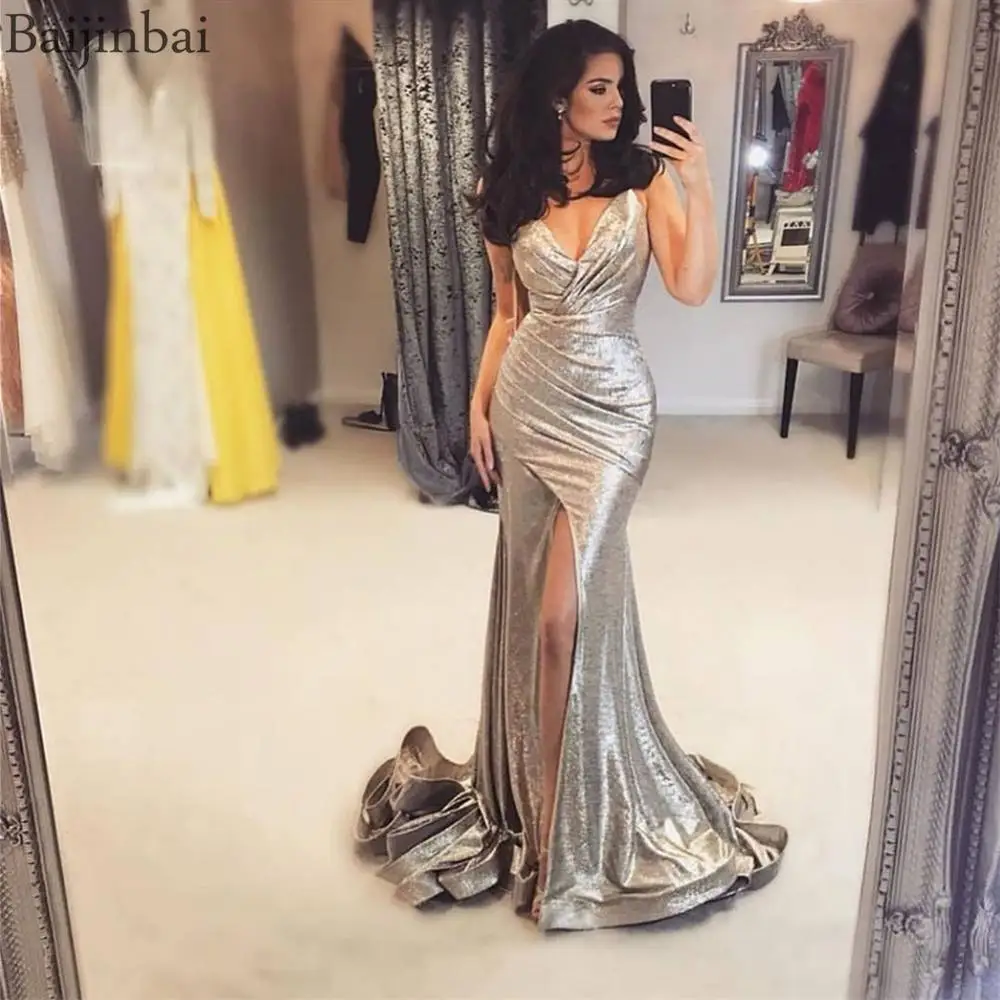 Baijinbai V Neck Front Slit Metallic Prom Dresses Floor Length Ruched Vestidos Party Evening Gowns Formal Dress Sexy Silver Gown
Baijinbai V Neck Front Slit Metallic Prom Dresses Floor Length Ruched Vestidos Party Evening Gowns Formal Dress Sexy Silver Gown