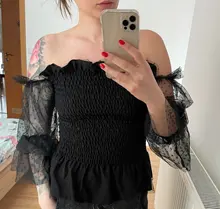 Wsevypo-Blusa Sexy con hombros descubiertos para mujer, camisas con mangas acampanadas de malla, top de manga larga transparente con volantes de encaje