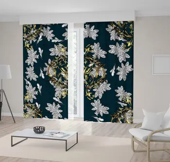 Curtain of Classic Floral Golden Pattern on Dark Blue Background Oriental Ornament Baroque Style Artwork Gray Yellow 
Curtain of Classic Floral Golden Pattern on Dark Blue Background Oriental Ornament Baroque Style Artwork Gray Yellow