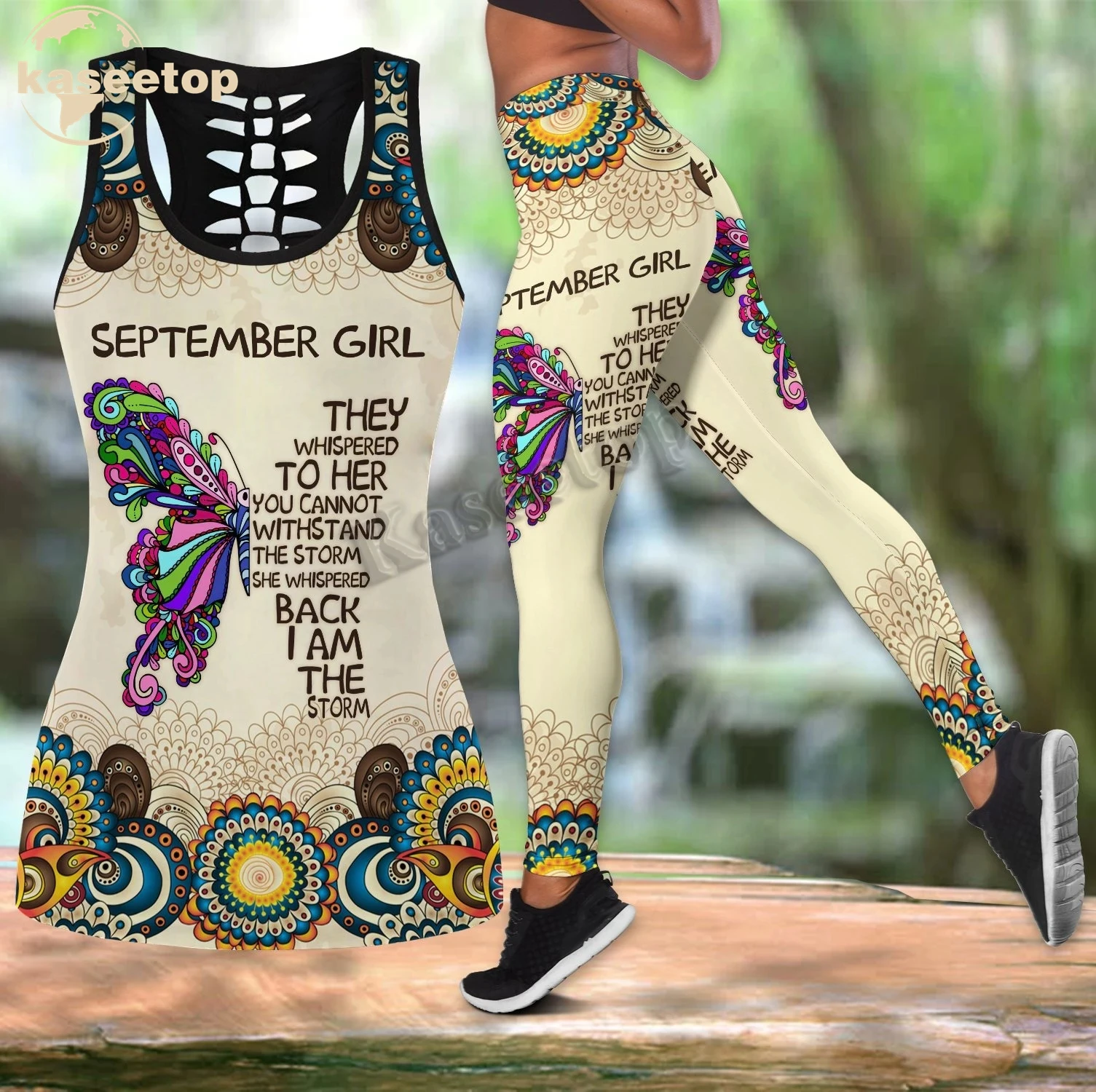 

Kaseetop September Girls Butterflies Two Piece Yoga Set Women 3D Print Vest Hollow Out Hollow Tank & Legging Outfit Summer LK138