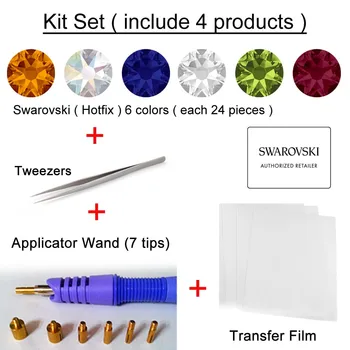 

Kit Set of Applicator Wand , Transfer Film , Tweezers , Crystal from Swarovski 6 colors x 24 pcs. Hotfix Iron On Rhinestone